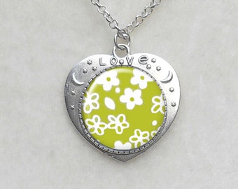 Pyrex Spring Blossom Heart Necklace, March Birthdays, Silver Heart Necklace, Spring Blossom Pendants, Heart Daisy Necklace