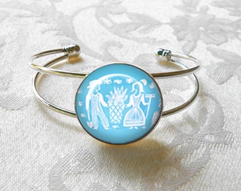 Pyrex Blue Butterprint Silver Cuff Bracelet, Pyrex Bracelet, Turquoise Pyrex, Blue Cuff Bracelet, March Birthdays