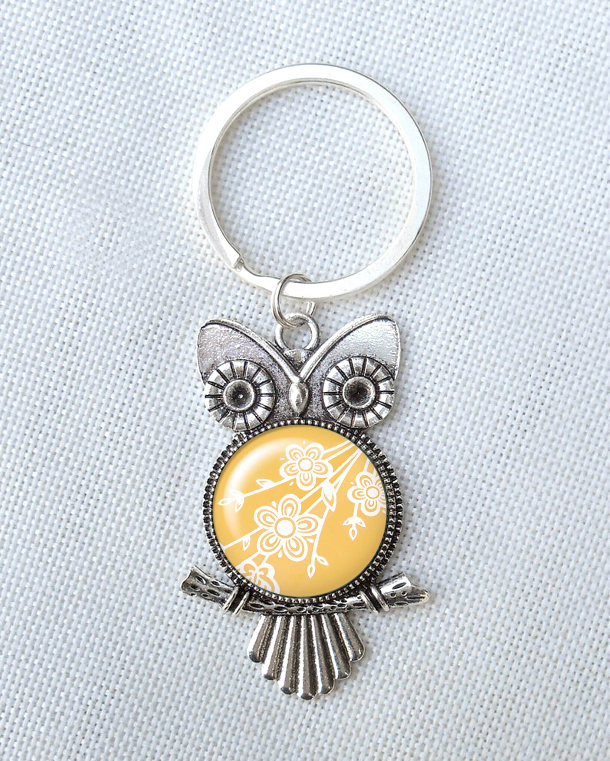 Butterfly Gold Pyrex Owl Keychain, Antique Silver Fob
