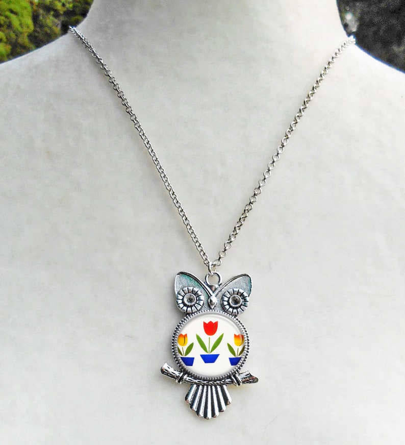 Fireking Tulips Owl Layering Necklace Birthday Gift Tulips Necklace Silver Owl Necklace