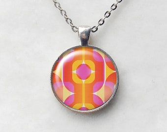 Groovy Orange & Pink Pendant Necklace, Birthday Gift Ideas, Midcentury Modern, 30mm Pendant, Retro Jewelry