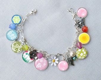 Pyrex Inspired Pastel Charm Bracelet, Rainbow Pyrex, Blue Butterprint, Spring Blossom, Pink Daisy, Sunflower Pastel Charm Bracelet