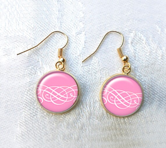 Pyrex Pink Scroll Drop Earrings, Gold Tone - Etsy display picture 1