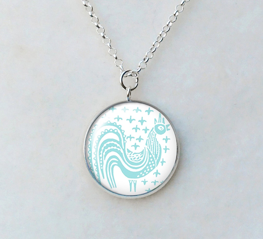Blue Butterprint Rooster Necklace, Pyrex Inspired Pendant - Etsy