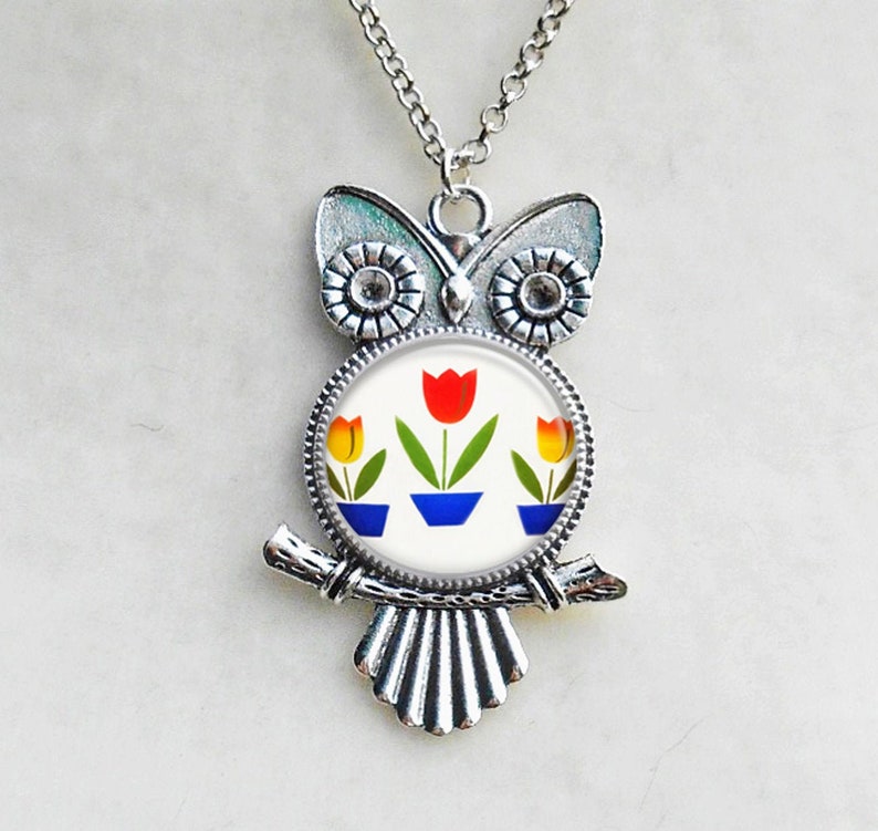 Fireking Tulips Owl Layering Necklace Birthday Gift Tulips Necklace Silver Owl Necklace