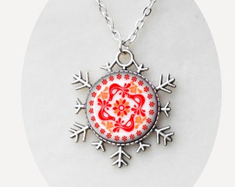 Friendship Snowflake Necklace ~ Pyrex Necklace ~ Antique Silver ~ Birthday Ideas ~ Layering Pieces ~ Red Pendant