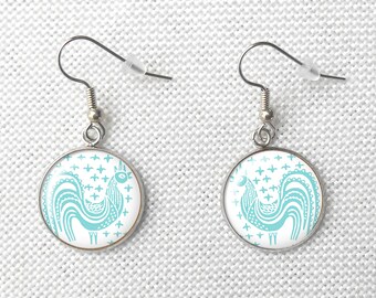 Pyrex Blue Butterprint Rooster Pattern Steel Earrings, 18mm Blue Drop Earrings, MCM, March Birthdays, Rooster Earrings, Pyrex Collector