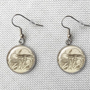 Pyrex Forest Fancies 18mm Earrings, Surgical Steel Mushroom Earrings, Pyrex Forest Fairies, Dangle Earrings, August Birthdays