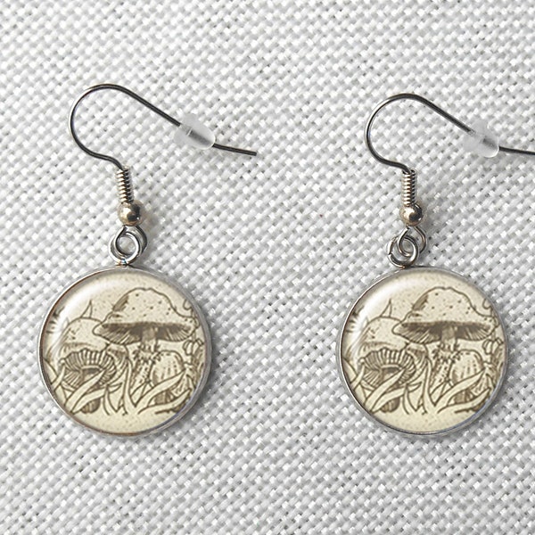 Pyrex Forest Fancies 18mm Earrings, Surgical Steel Mushroom Earrings, Pyrex Forest Fairies, Dangle Earrings, March Birthdays