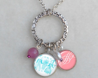 Pyrex Butterprint and Pink Scroll Pattern Charm Necklace, March Birthdays, Pyrex Collector, Pastel Pyrex Charm Necklace