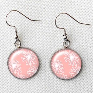 Pink Daisy Pattern Surgical Steel 16mm Earrings, Birthday Gift, Dangle Earrings, Pink Daisy Earrings, Steel Drop Earrings, Stocking Stuffers