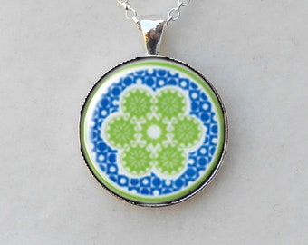 Pyrex Crazy Quilt 30mm Necklace, Blue and Green Necklace, March Birthdays, Ready to Ship, Pyrex Crazy Quilt Pattern, March Birthdays