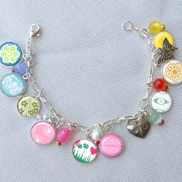 Pyrex Inspired Pastel Charm Bracelet, Blue Butterprint, Spring Blossom, Pink Daisy, Eyes, Butterfly Gold, Pink Scroll, March Birthdays