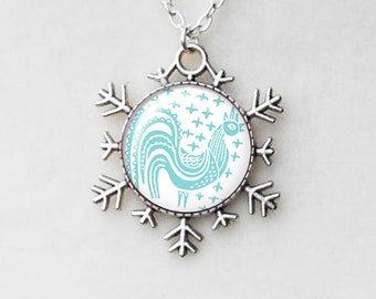 Collier flocon de neige coq en pyrex, empreinte bleue de coq, argent antique, empreinte turquoise, anniversaires de mars