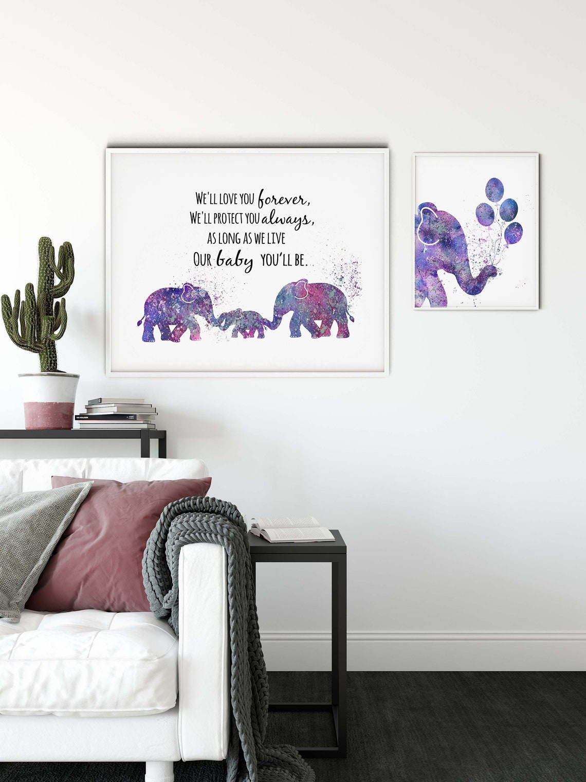 Purple Elephant Nursery wall decor Nursery wall art Prints Etsy