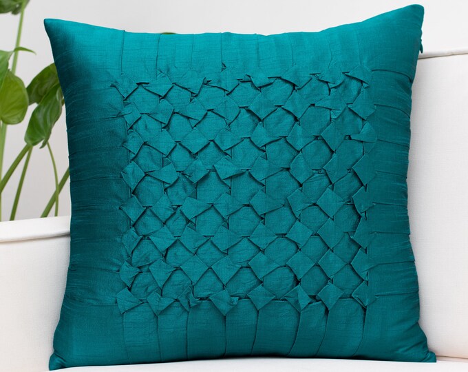 Dark Teal Throw Pillow Covers 16x16 Inch Box Pleated Etsy