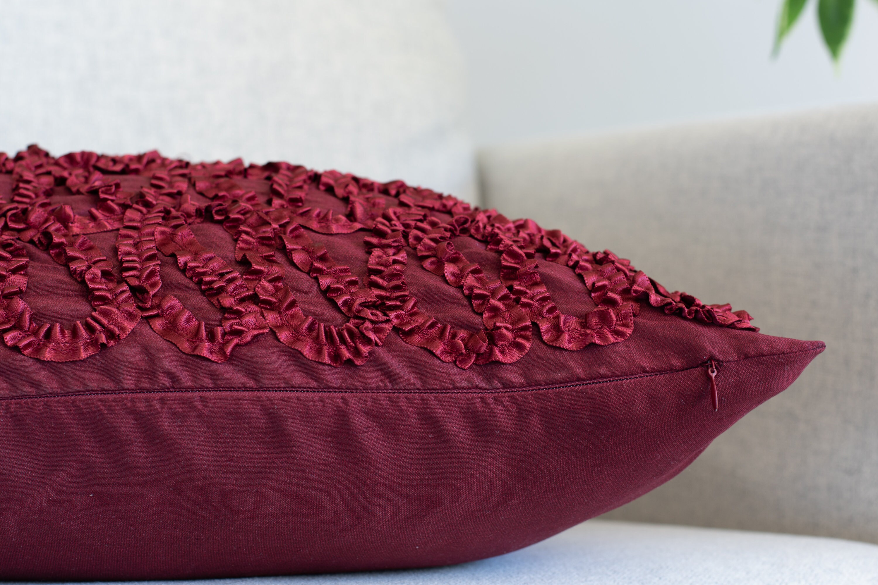 Maroon Decorative Pillow Cover with Textured Ribbon Work Etsy