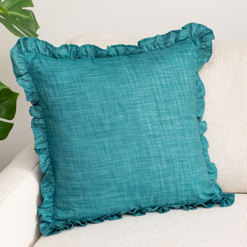 Teal Solid Decorative Pillow Cover With Frills 22x22 Inch Etsy