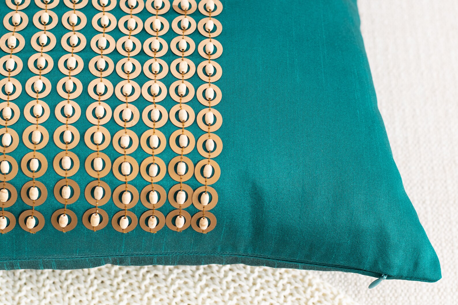 Teal Throw Pillow With Gold Sequin and Wood Beads Embroidery Etsy