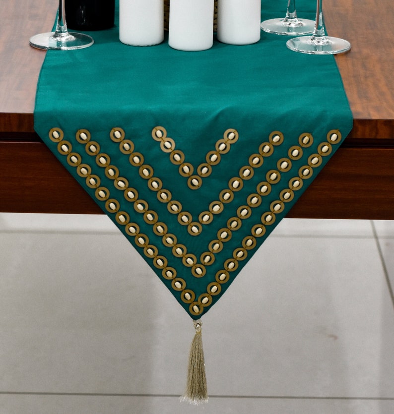 Dark Teal Gold Kitchen Table Runner 72 Inches Long Etsy