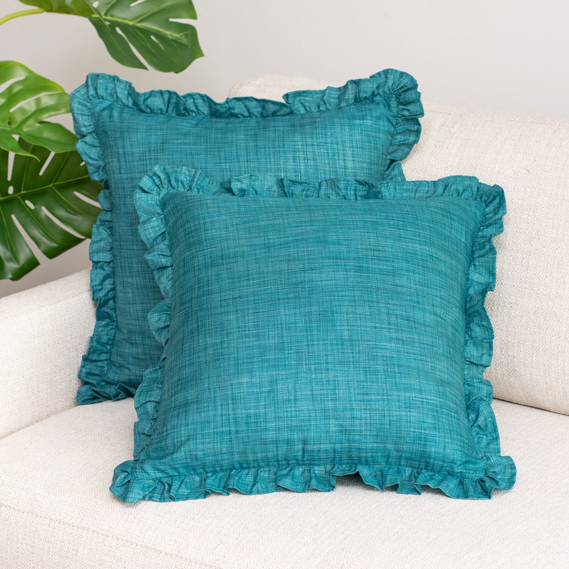Teal Solid Throw Pillow Cover with Frills 18x18 inch Shabby Etsy