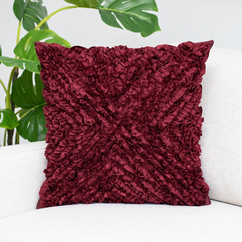 Maroon Textured Throw Pillow Cover With Ruffles 18x18 Inch Etsy