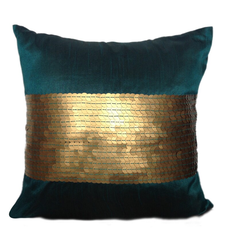 Teal Gold Sequinned Pillow Cover Etsy