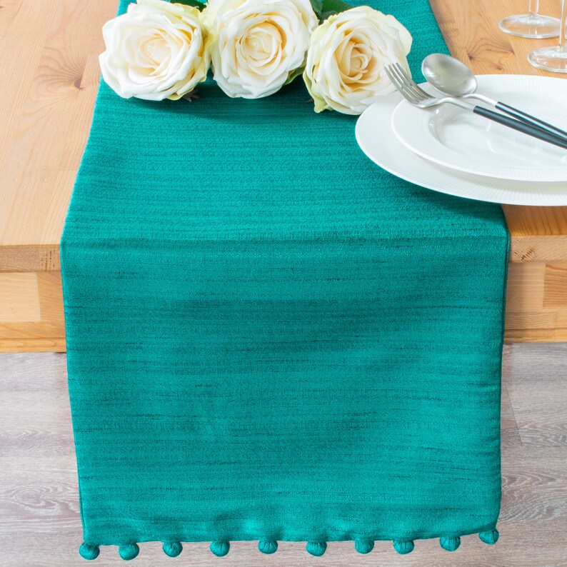 Dark Teal Long Table Runner With Pom Pom Trimming 108 Inches Etsy