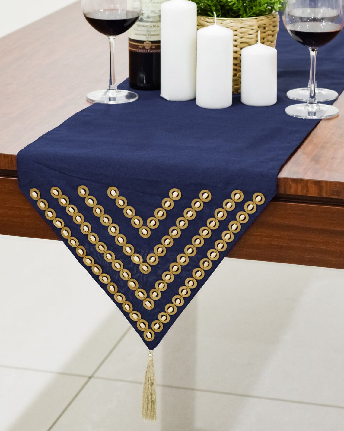 Dark Blue Gold Dining Table Runner 90 Inches Long Embroidered Etsy