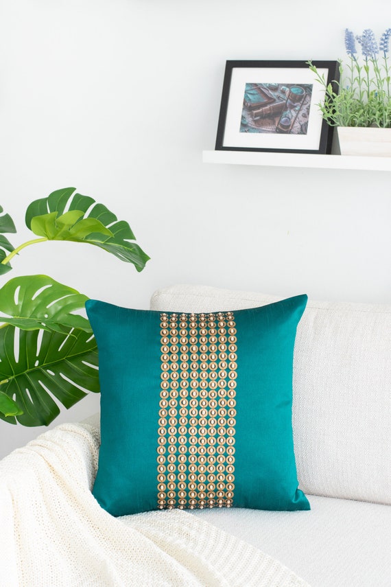 Teal Throw Pillow With Gold Sequin and Wood Beads Embroidery Etsy