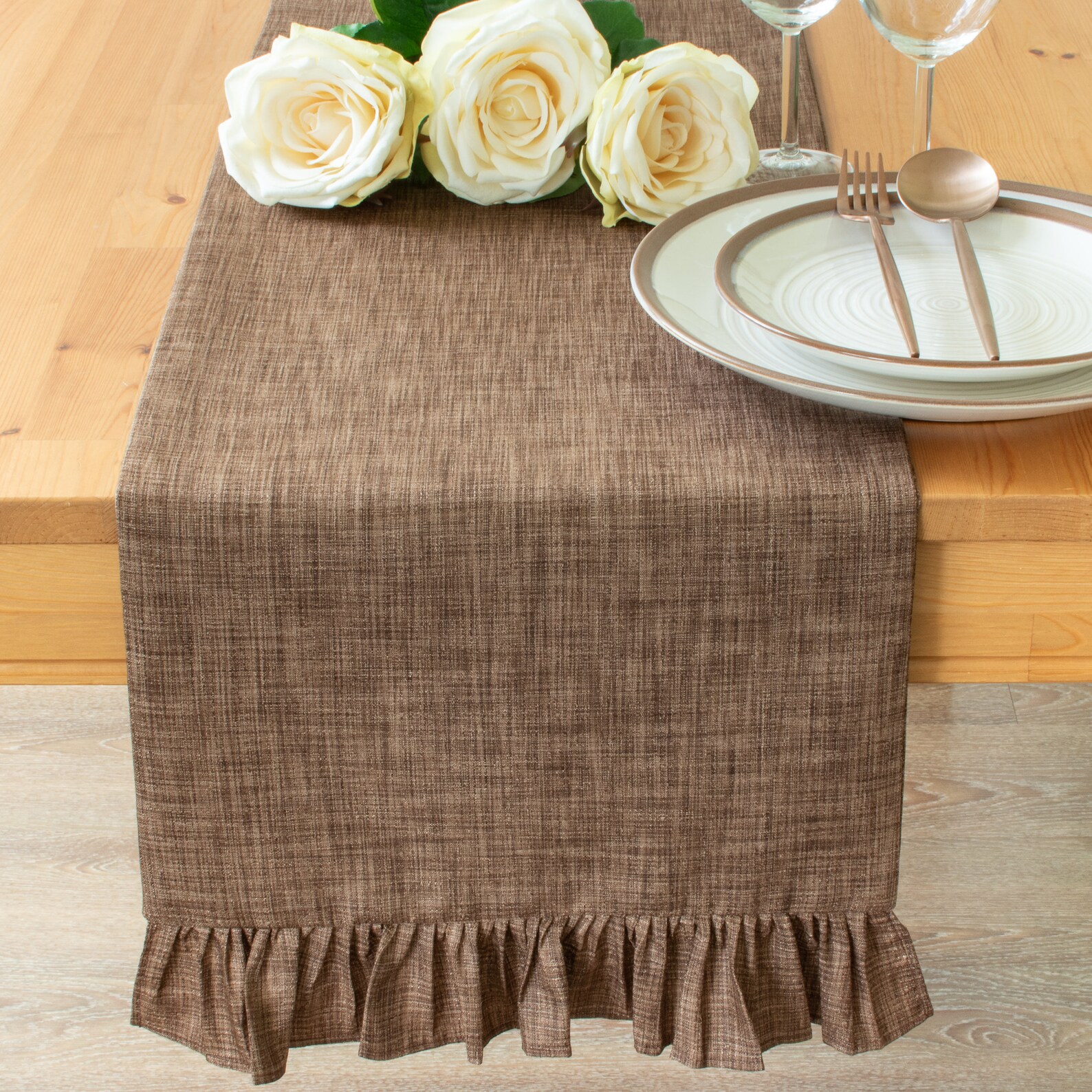 Brown Table Runner With Ruffles 90 inches long For Dining Etsy
