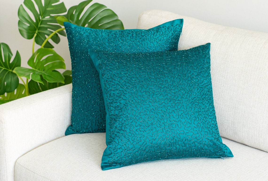 Teal Embroidered Pillow Cover 12x12 inch Luxurious Elegant Etsy