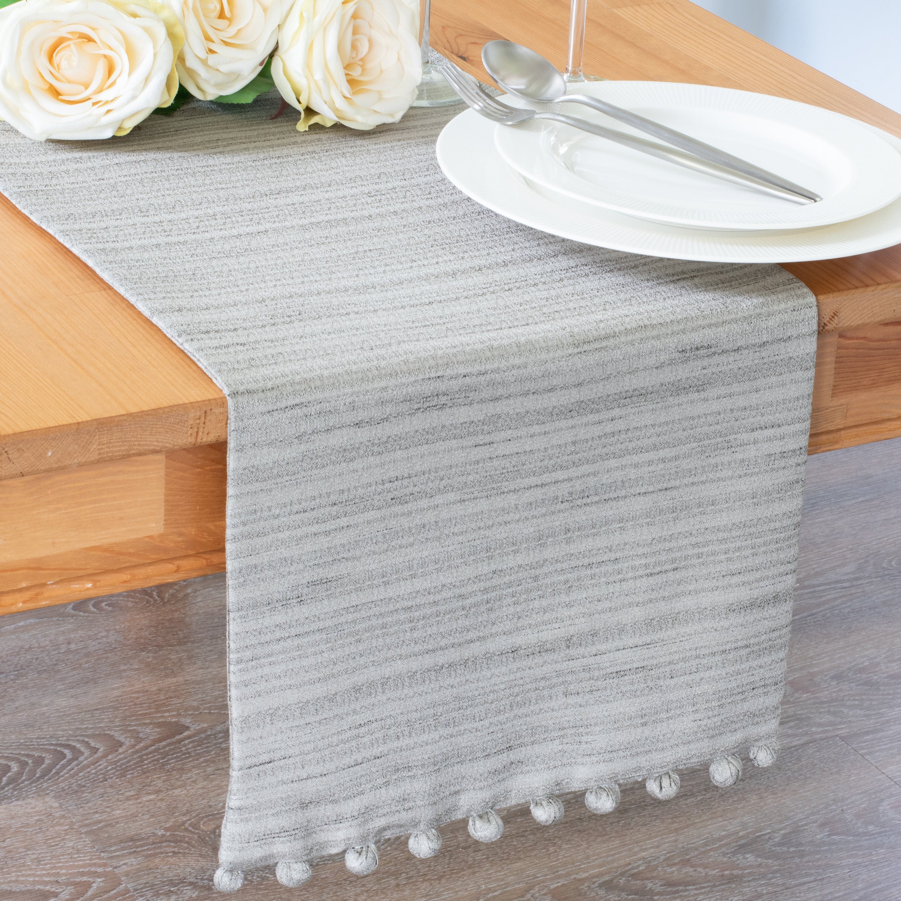 Grey Extra Long Table Runner with Pom Pom Trimming 144 inches Etsy