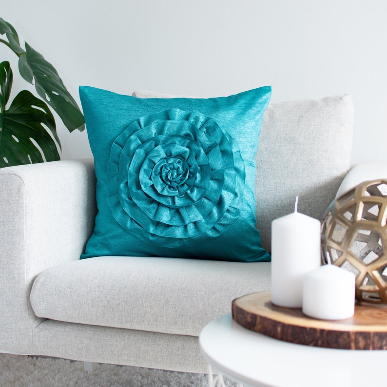 Light Teal Flower Throw Pillow Cover 16x16 inch 3D Rose Etsy