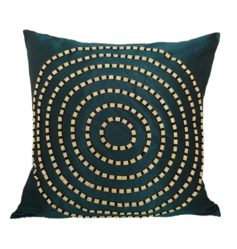 Dark Teal Throw Pillow Cover with Beaded Embroidery Etsy