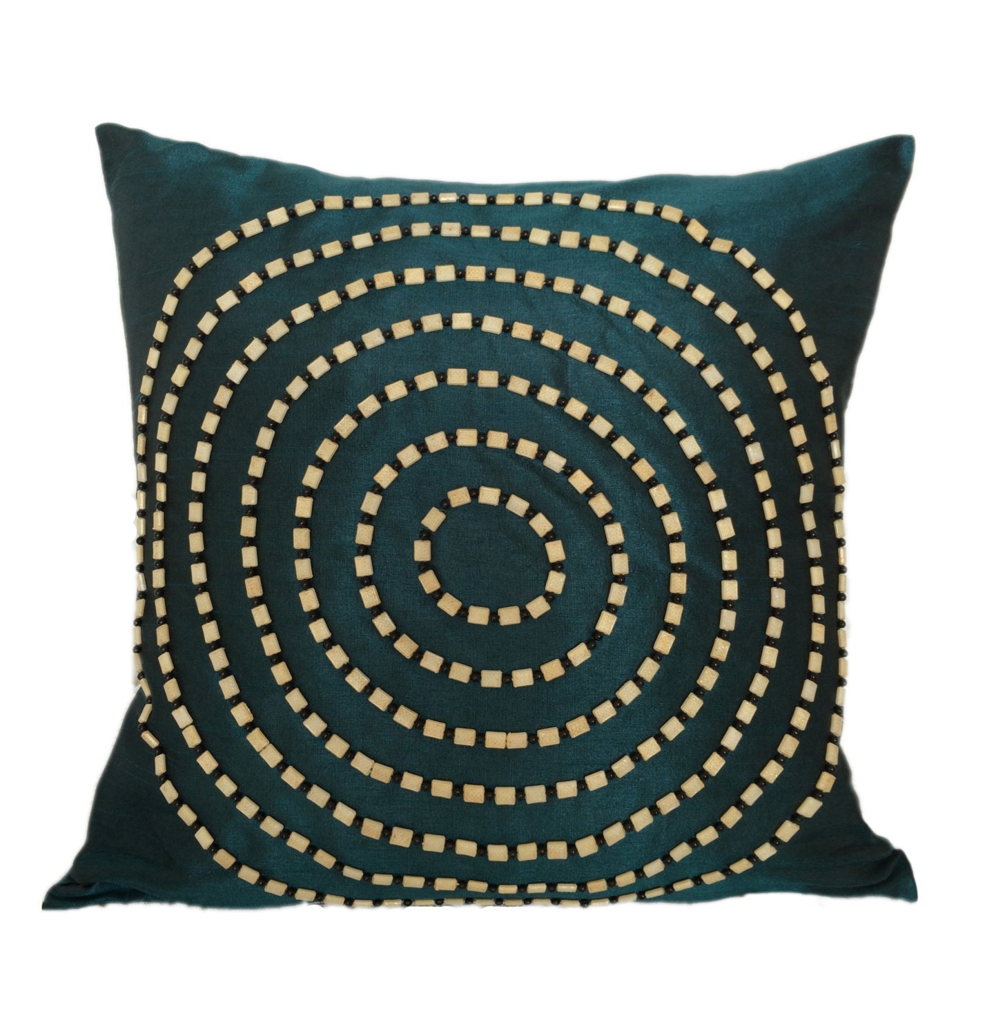 Dark Teal Throw Pillow Cover with Beaded Embroidery Etsy