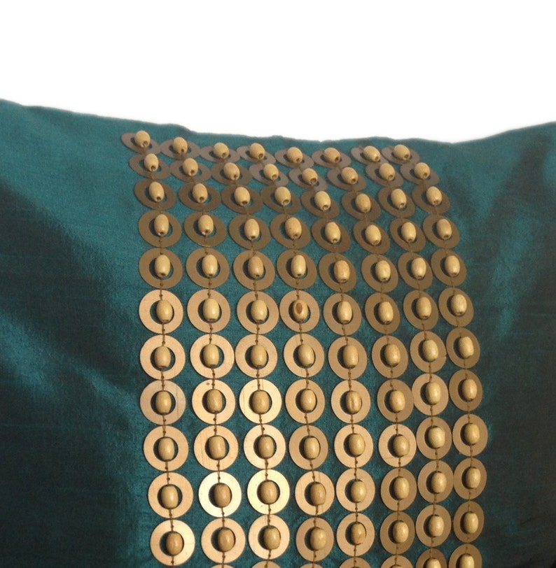 Teal Throw Pillow with Gold Sequin and Wood beads Embroidery Etsy