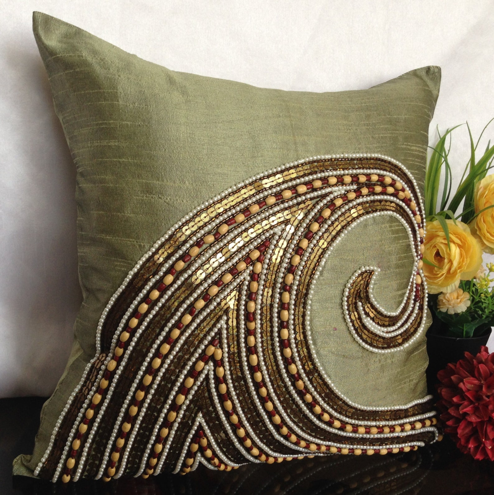Olive Green Beaded Pillow Cover Olive Green Decorative Pillow Etsy