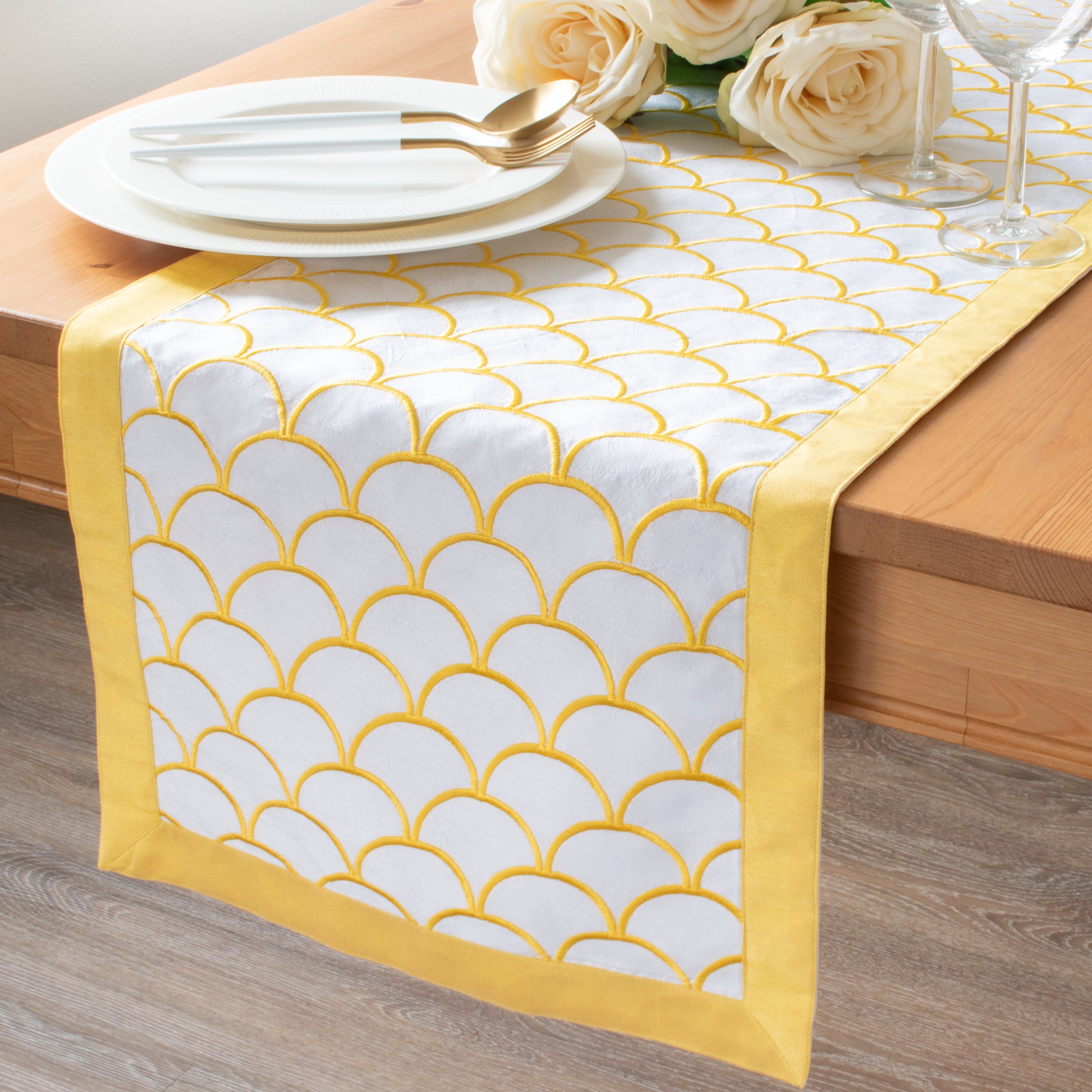 Yellow White Table Runners 13x72 inch Scallops Embroidery Etsy