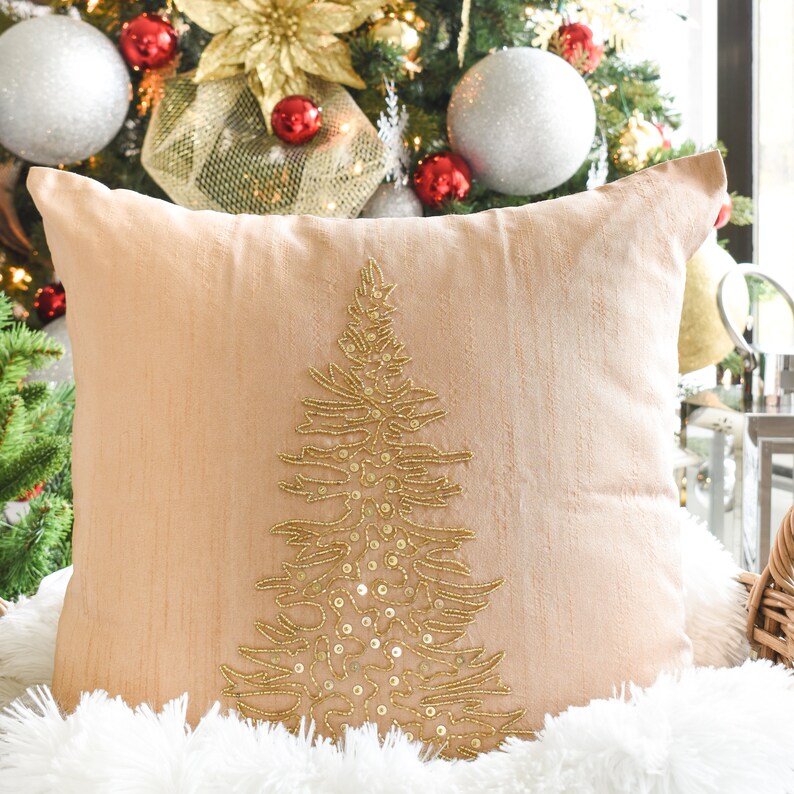 Gold Christmas Tree Pillow Embroidered Pillow Cover 12x12 Etsy