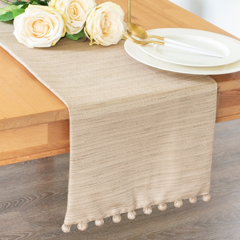 Taupe Side Table Runner with Pom Pom Trimming 36 inch Long Etsy