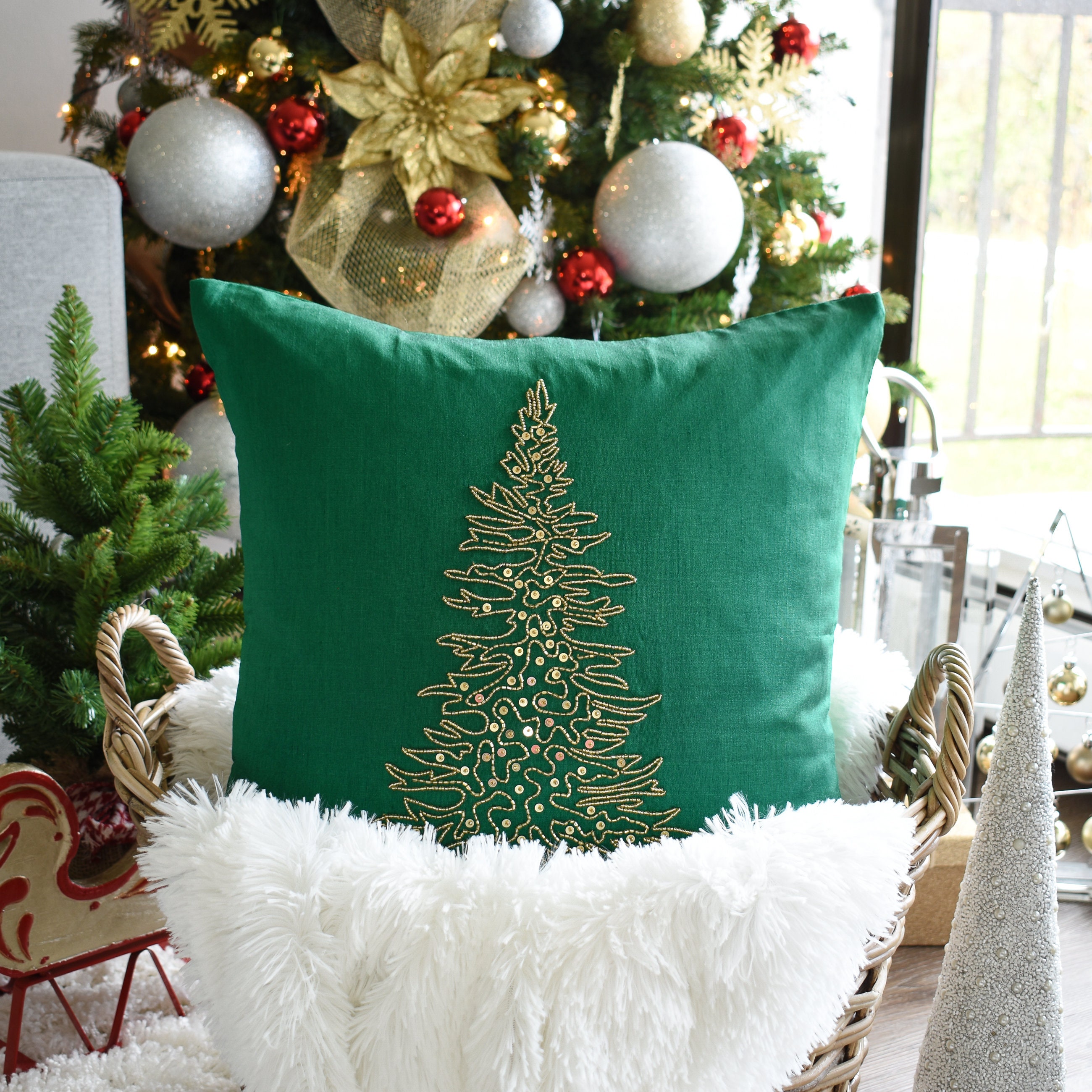 Emerald Green Christmas Tree Embroidered Pillow Cover 12x12 Etsy