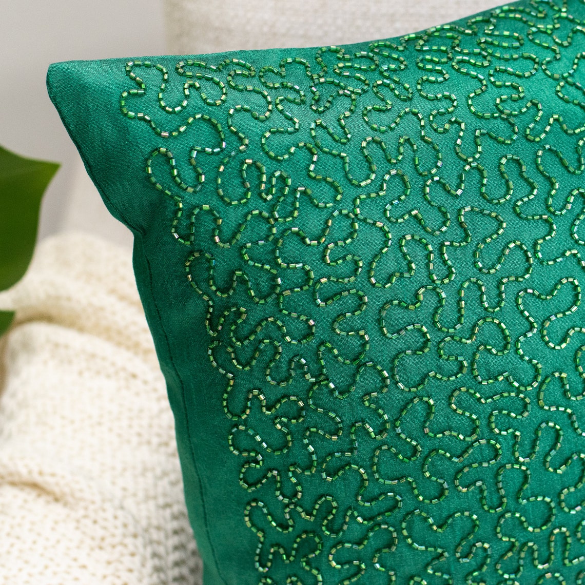 Emerald Green Embroidered Pillow Cover 12x12 inch Luxurious Etsy