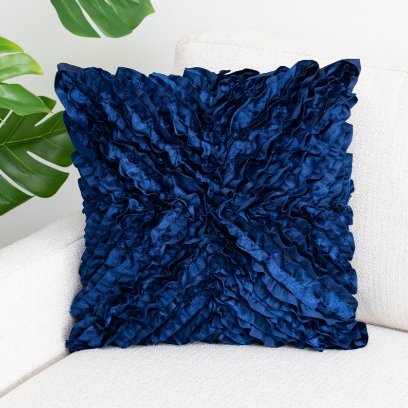 Dark Blue Textured Decorative Pillow Cover With Ruffles 22x22 Etsy