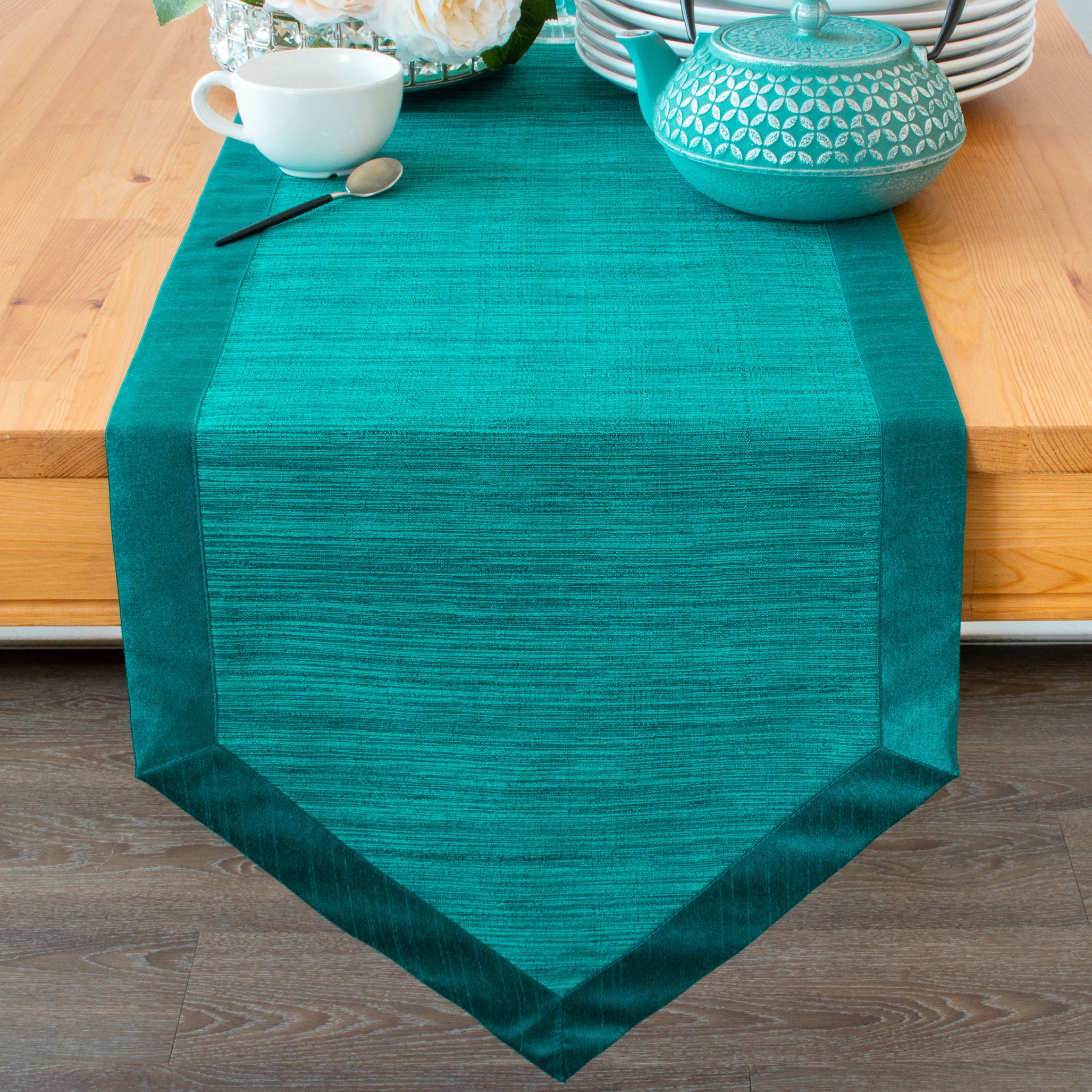 Teal Green Side Table Runners 36 inch Long V Ends For Etsy