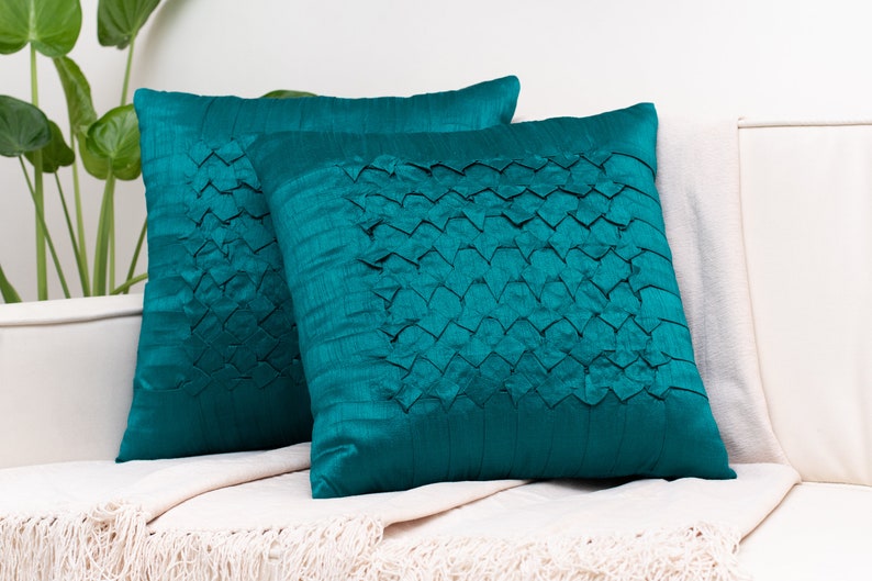 Dark Teal Throw Pillow Covers 16x16 inch Box Pleated Etsy