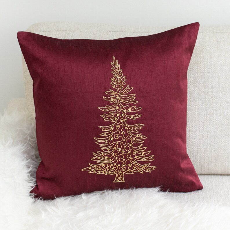 Maroon Christmas Tree Embroidered Pillow Cover 12x12 inch Etsy