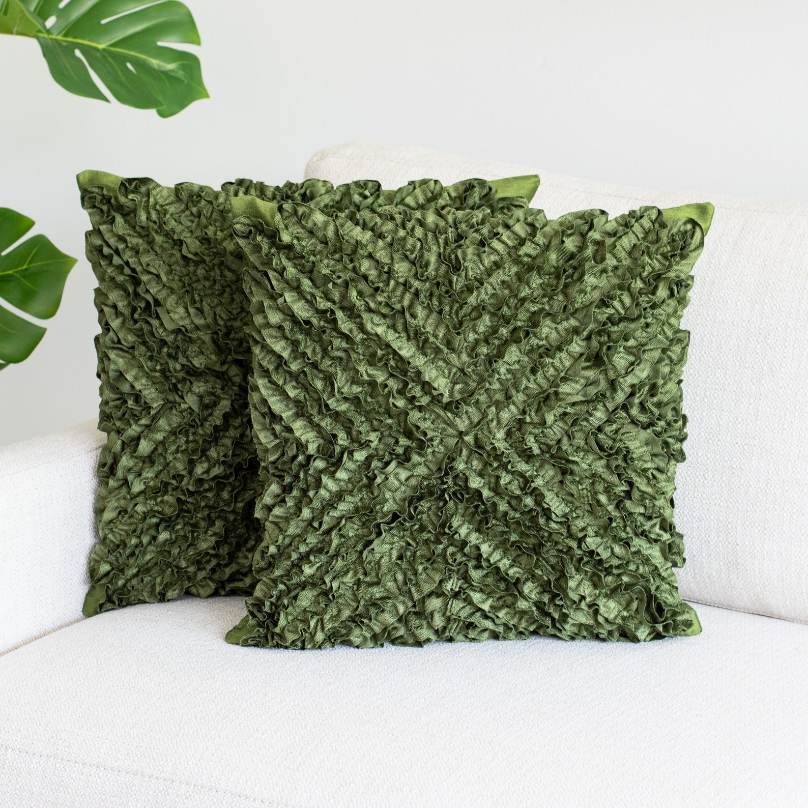Green Textured Throw Pillow Cover With Ruffles 18x18 Inch Etsy
