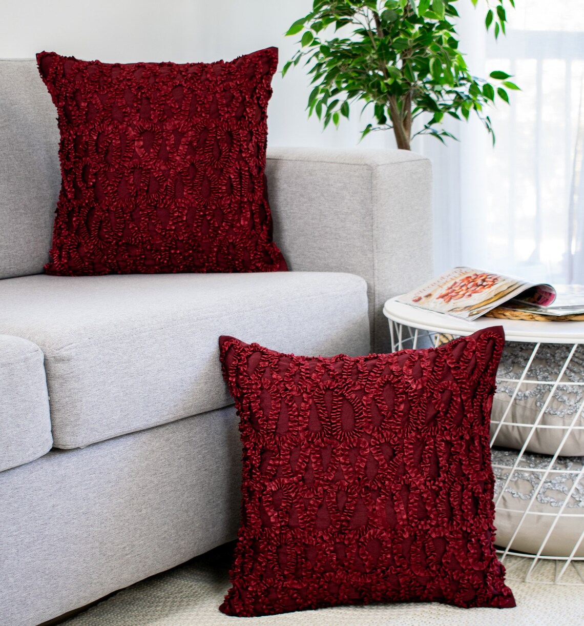 Maroon Decorative Pillow Cover With Textured Ribbon Work Etsy