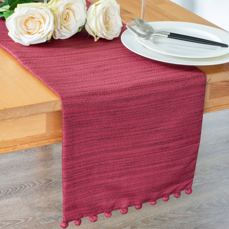 Maroon Long Table Runner with Pom Pom Trimming 108 inches Etsy